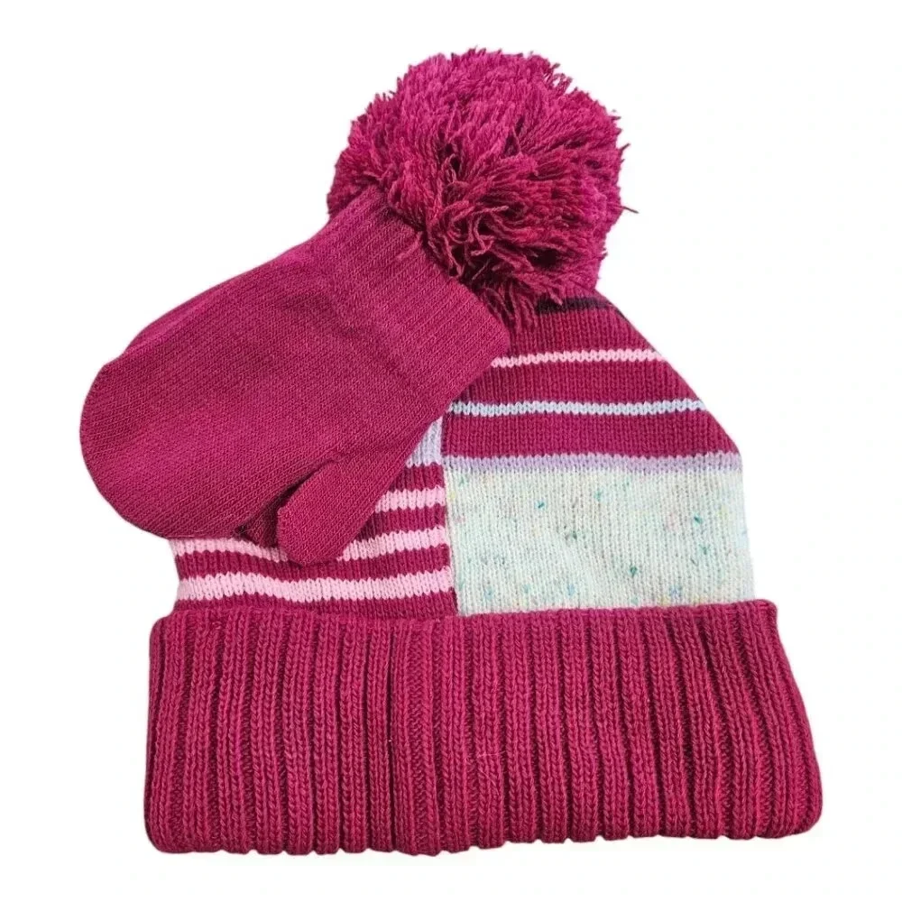 Fuschia/Pink/Red Little Girls Winter Beanie Hat and Mitten Set With Top Pom